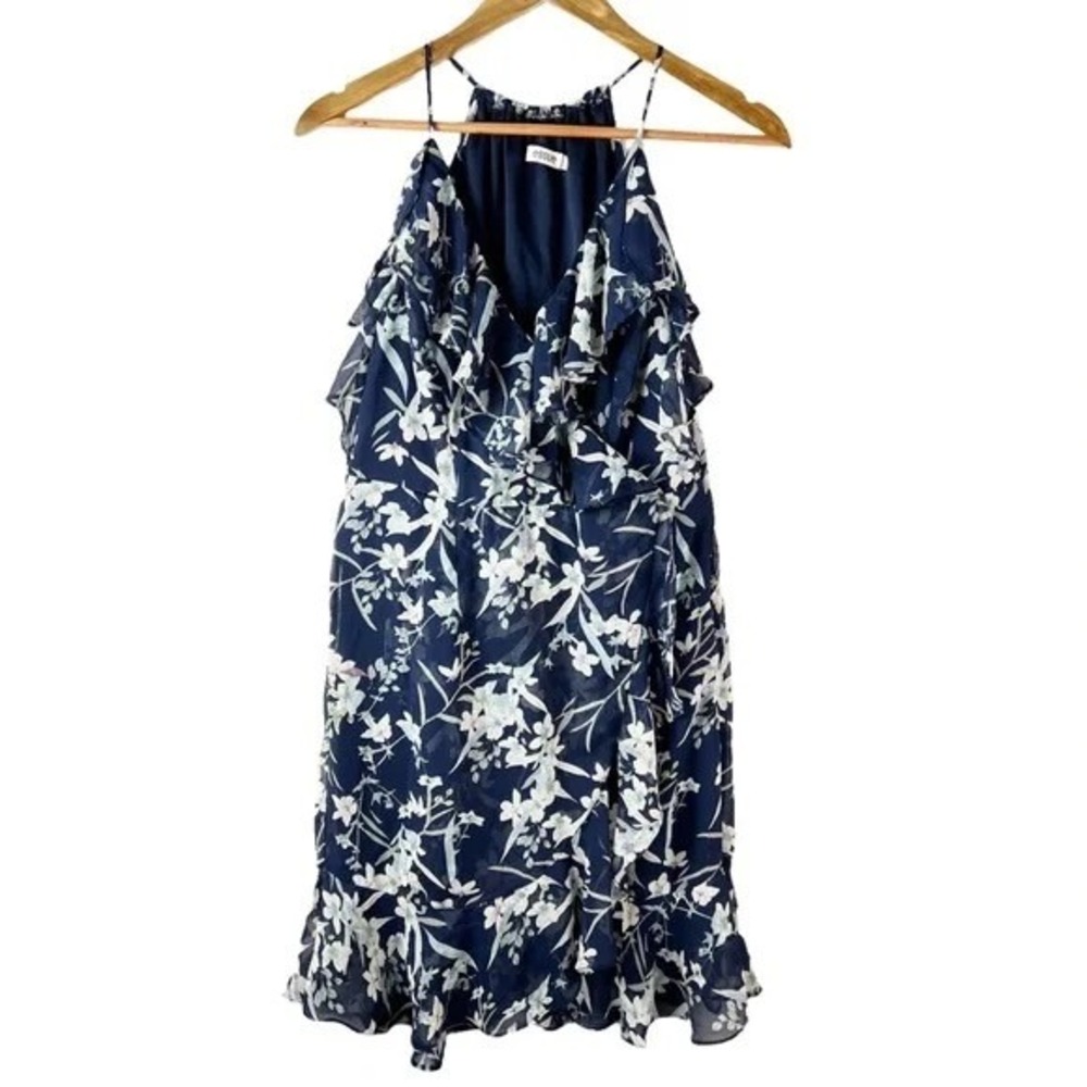 Essue Womens Blue Floral Ruffle Halter Dress Navy White Botanical Medium